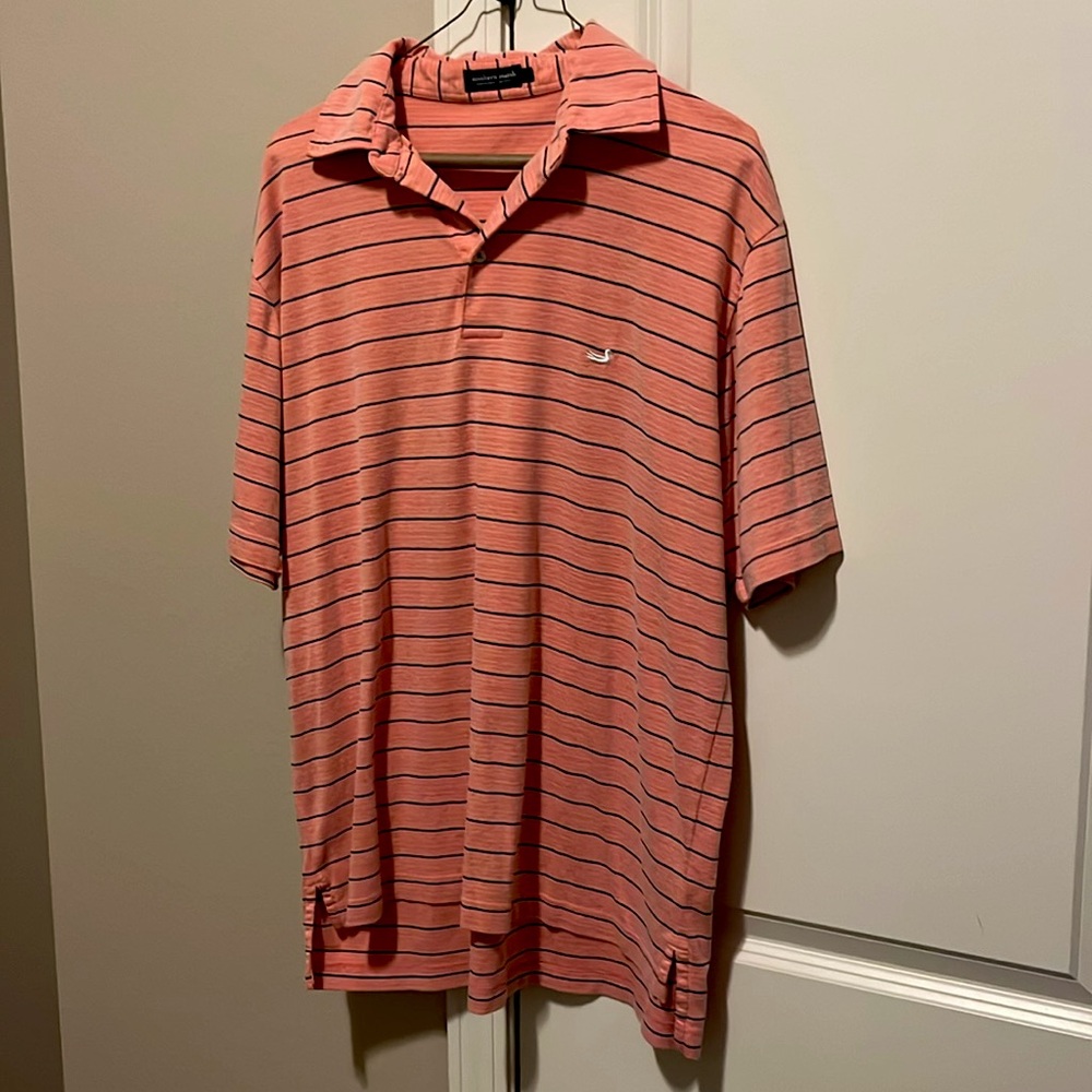 Southern Marsh polo, Salmon with navy stripes, Medium